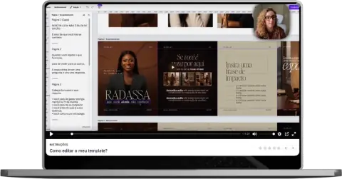 Aula do curso aberta no notebook, mostrando como editar um template no Canva