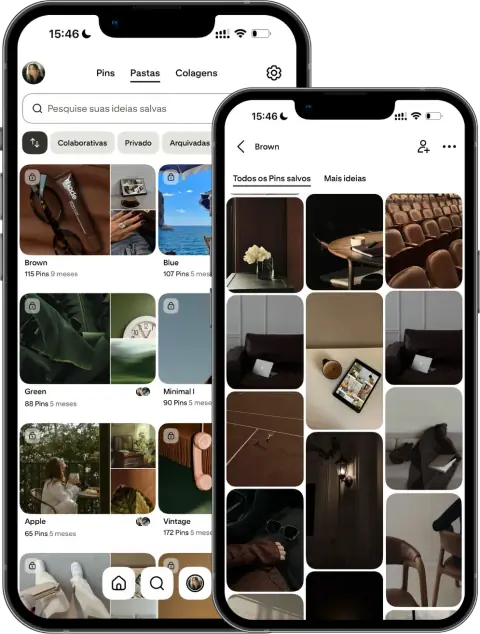 Pastas do Pinterest da Aline organizadas por estilo, como Brown, Blue, Green e Vintage